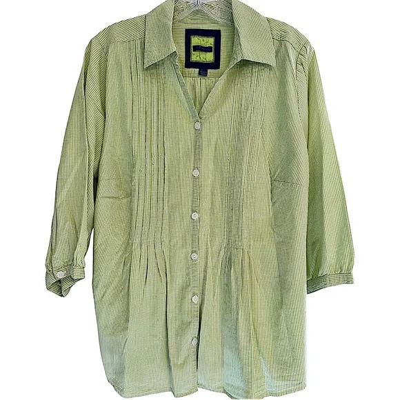 Avenue The Pleat Shirt Apple Green White Gingham Button Front 3/4 Sleeve 18/20 - Picture 1 of 14